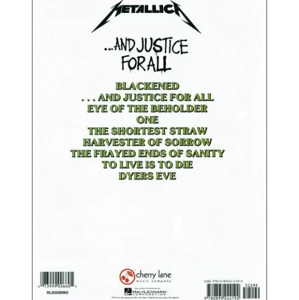 Cherry Lane Music Company Metallica And Justice For All