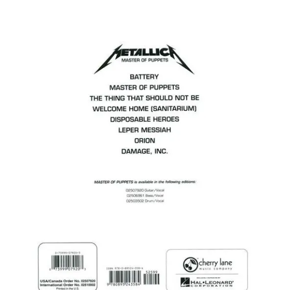 Cherry Lane Music Company Metallica Master Of Puppets