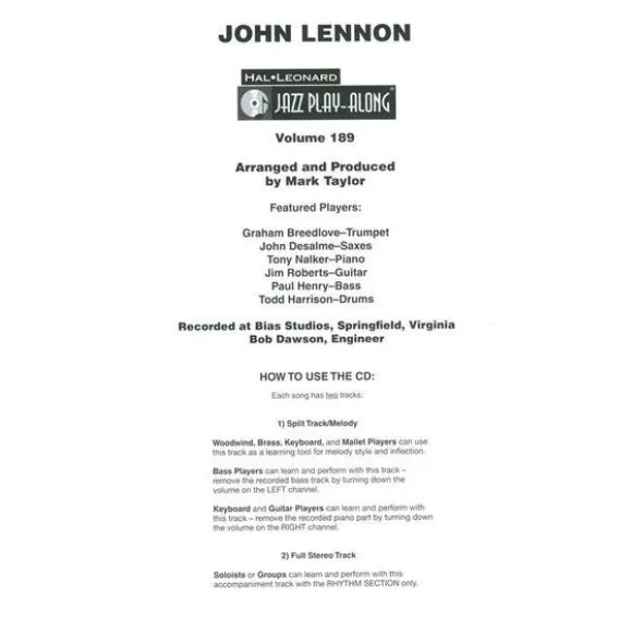 Hal Leonard Jazz Play-Along John Lennon